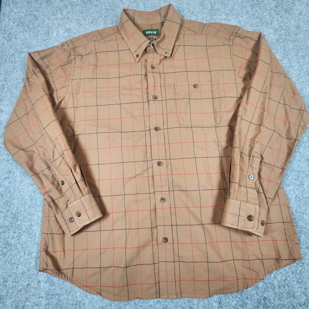 Orvis Mens XL Classic Fit Brown Windowpane Plaid Cotton Button Down Shirt L/S